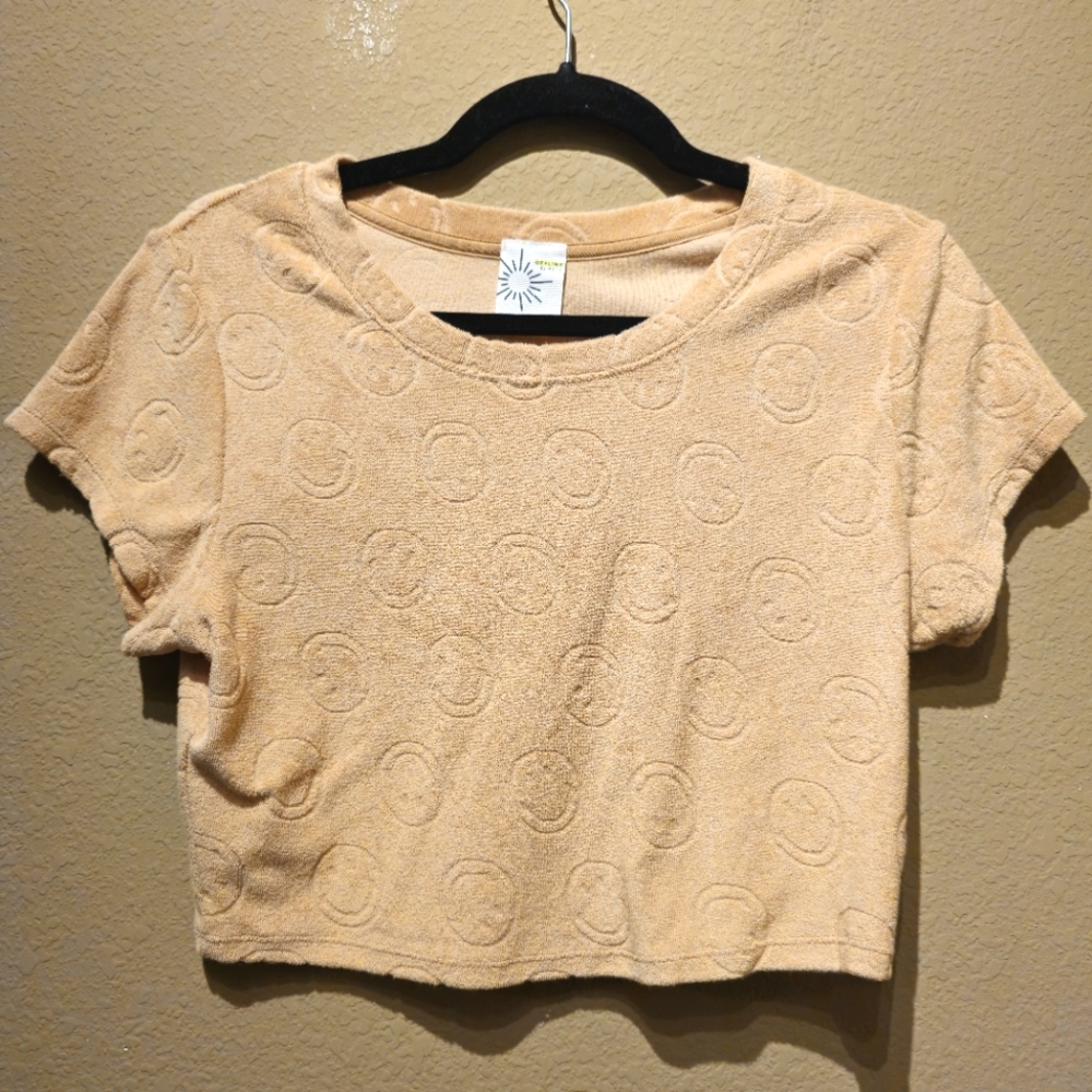 NWT Offline By aerie Smiley Face Embossed Tan Crop Top Size Small